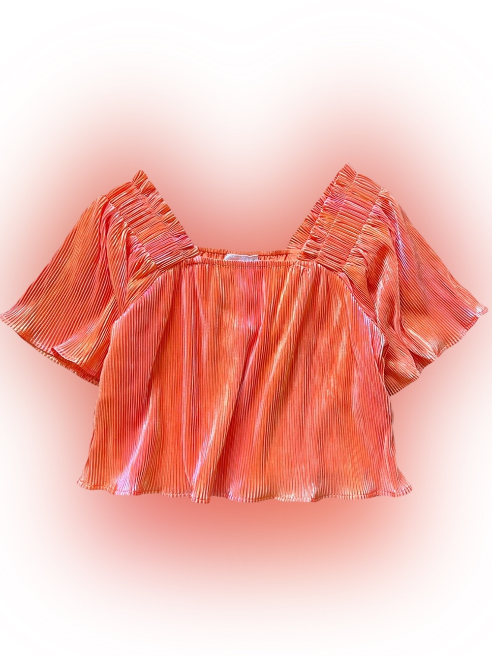 Queen of Sparkles Tangerine Pleat Flutter Top Sz M